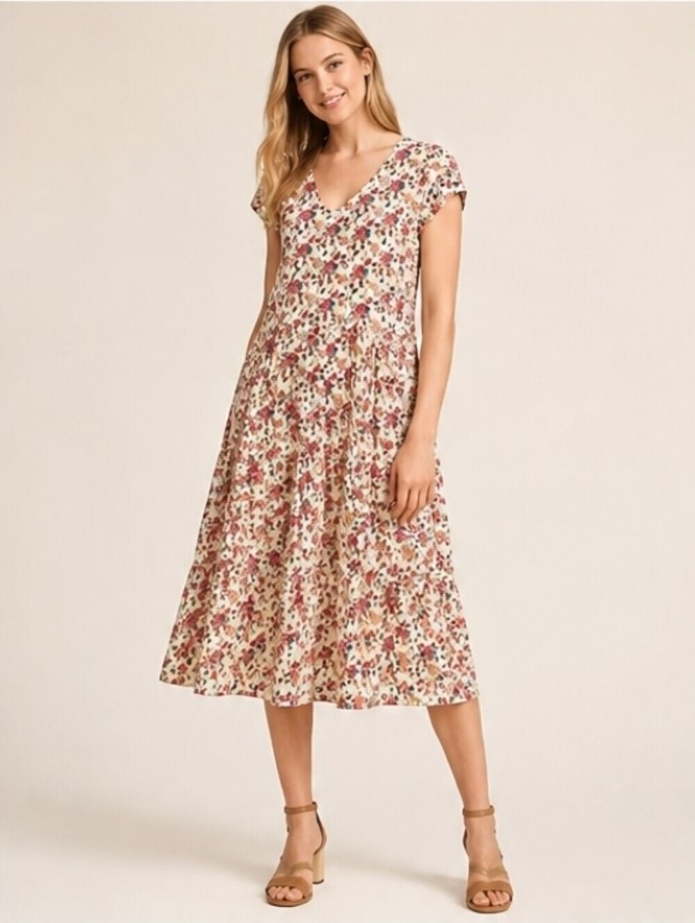 Garnet Hill Cream Midi Dress with Ditsy Pink & Red Floral Print Garden Beach P
